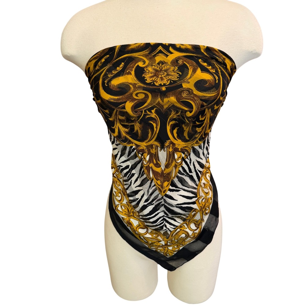 Zebra Print gold brocade Square Scarf Black White Animal Filigree Head Wrap